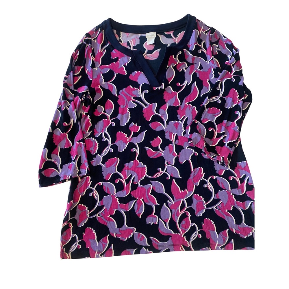 Chicos Travelers Floral Tunic Top Navy Purple Pink Split V-Neck Size 1 US 8/10‎